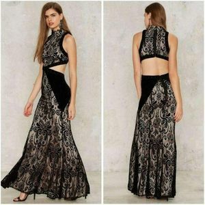 Nasty Gal Shadow Play Lace Velvet Mock Neck Dress Gown X-Small